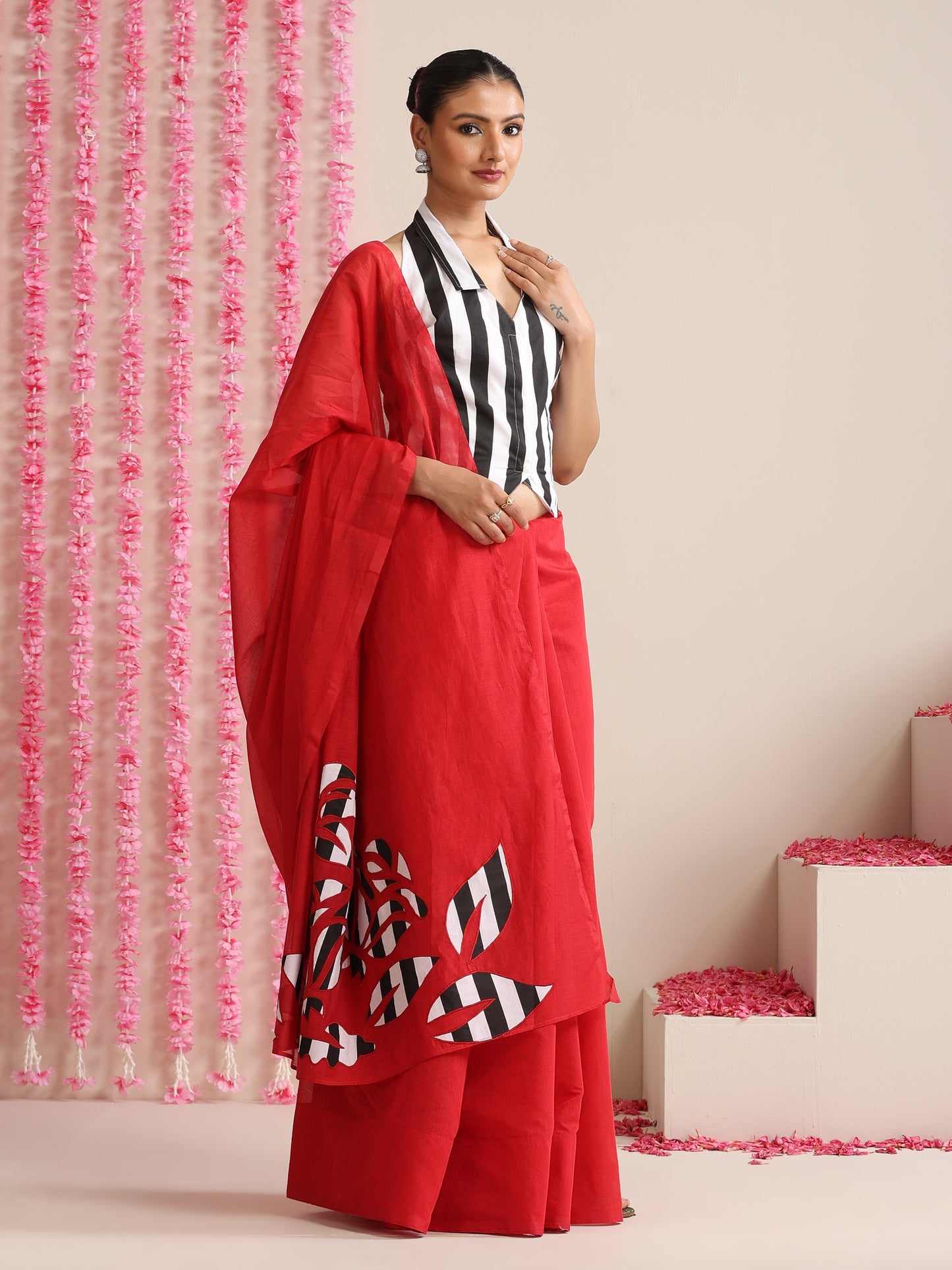 Dhiyona ST Red Cotton Chanderi Saree with Embroidery and Stripe Blouse Fabric