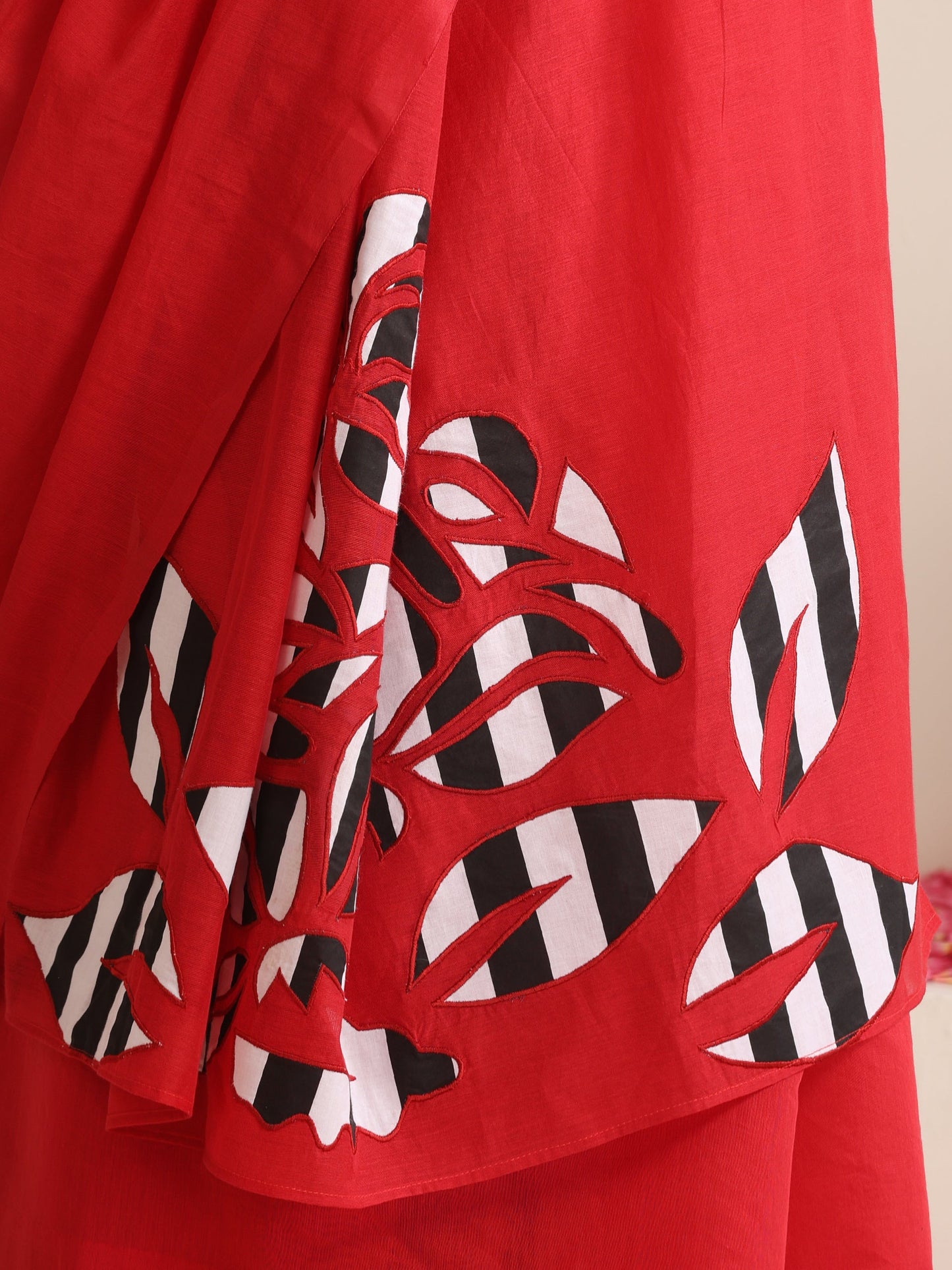 Dhiyona ST Red Cotton Chanderi Saree with Embroidery and Stripe Blouse Fabric
