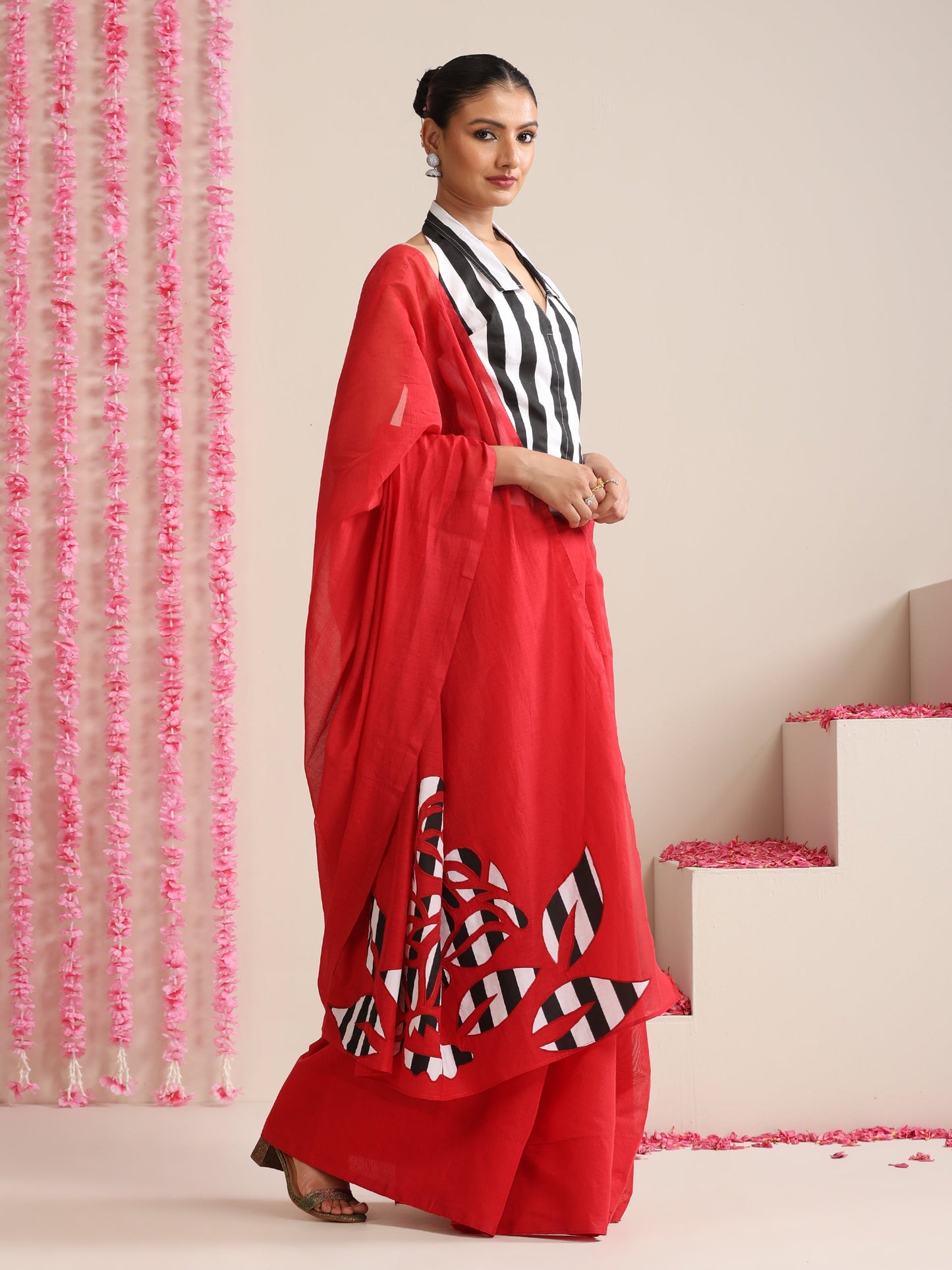 Dhiyona ST Red Cotton Chanderi Saree with Embroidery and Stripe Blouse Fabric