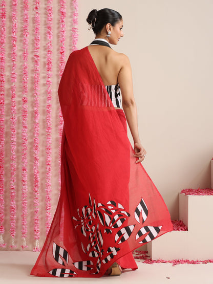 Dhiyona ST Red Cotton Chanderi Saree with Embroidery and Stripe Blouse Fabric