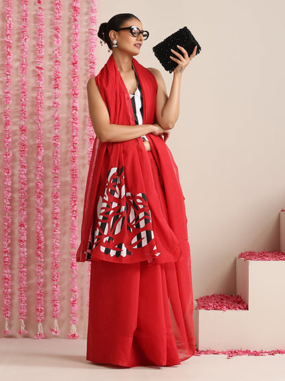 Dhiyona ST Red Cotton Chanderi Saree with Embroidery and Stripe Blouse Fabric