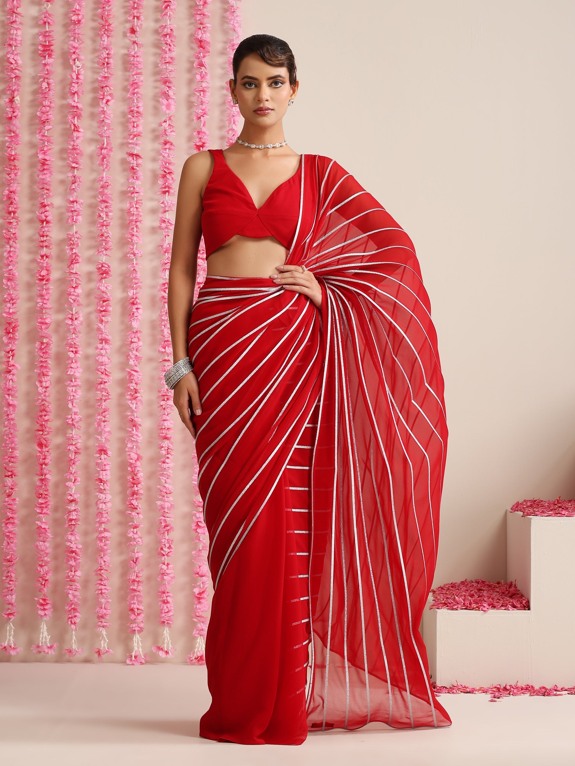 Dhiyona ST Red & Silver Impression Georgette Saree with Blouse Fabric