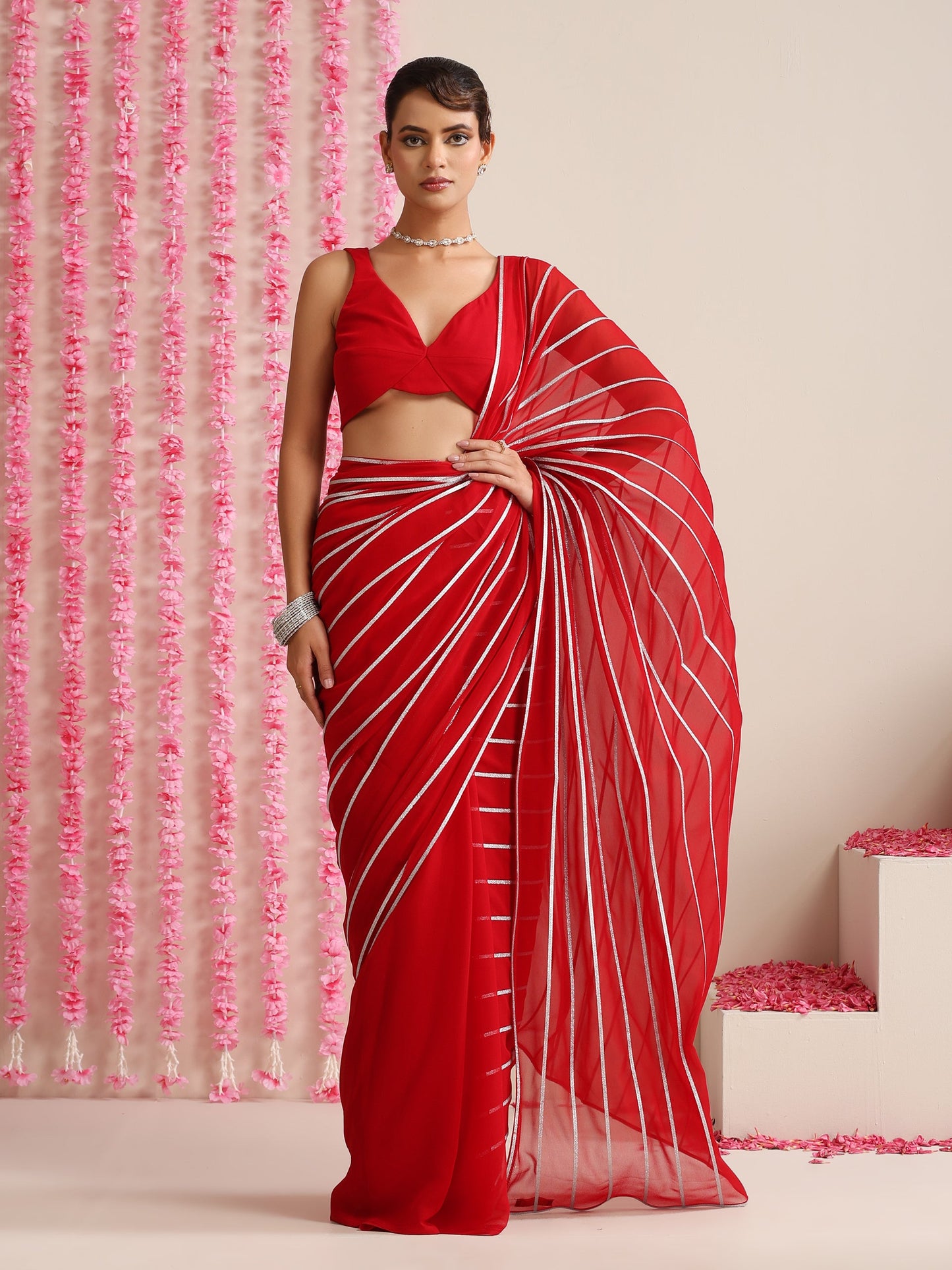 Dhiyona ST Red & Silver Impression Georgette Saree with Blouse Fabric