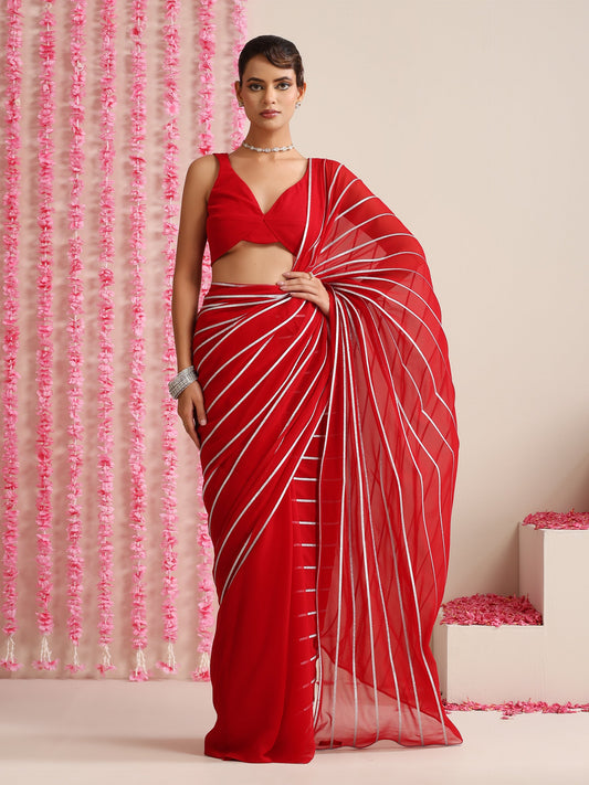 Dhiyona ST Red & Silver Impression Georgette Saree with Blouse Fabric