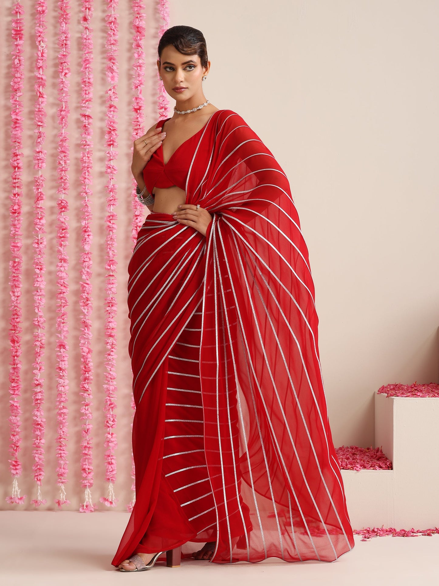 Dhiyona ST Red & Silver Impression Georgette Saree with Blouse Fabric