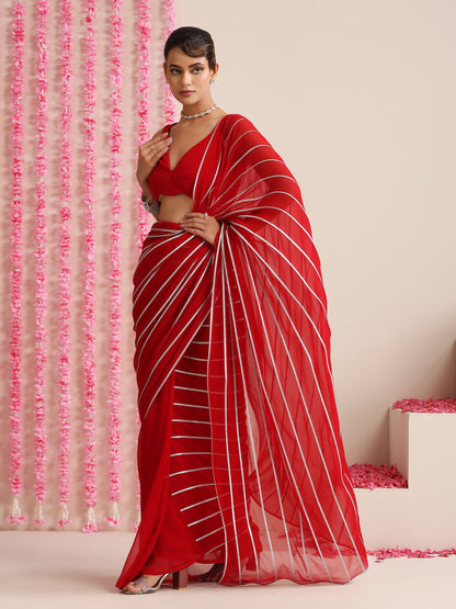 Dhiyona ST Red & Silver Impression Georgette Saree with Blouse Fabric