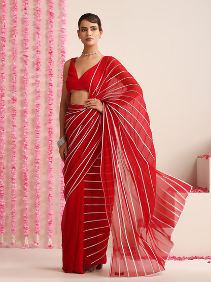 Dhiyona ST Red & Silver Impression Georgette Saree with Blouse Fabric