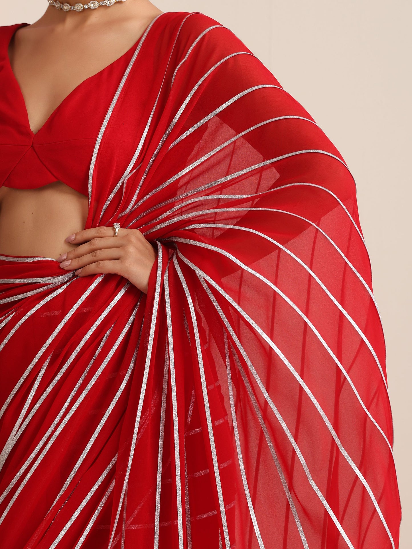 Dhiyona ST Red & Silver Impression Georgette Saree with Blouse Fabric