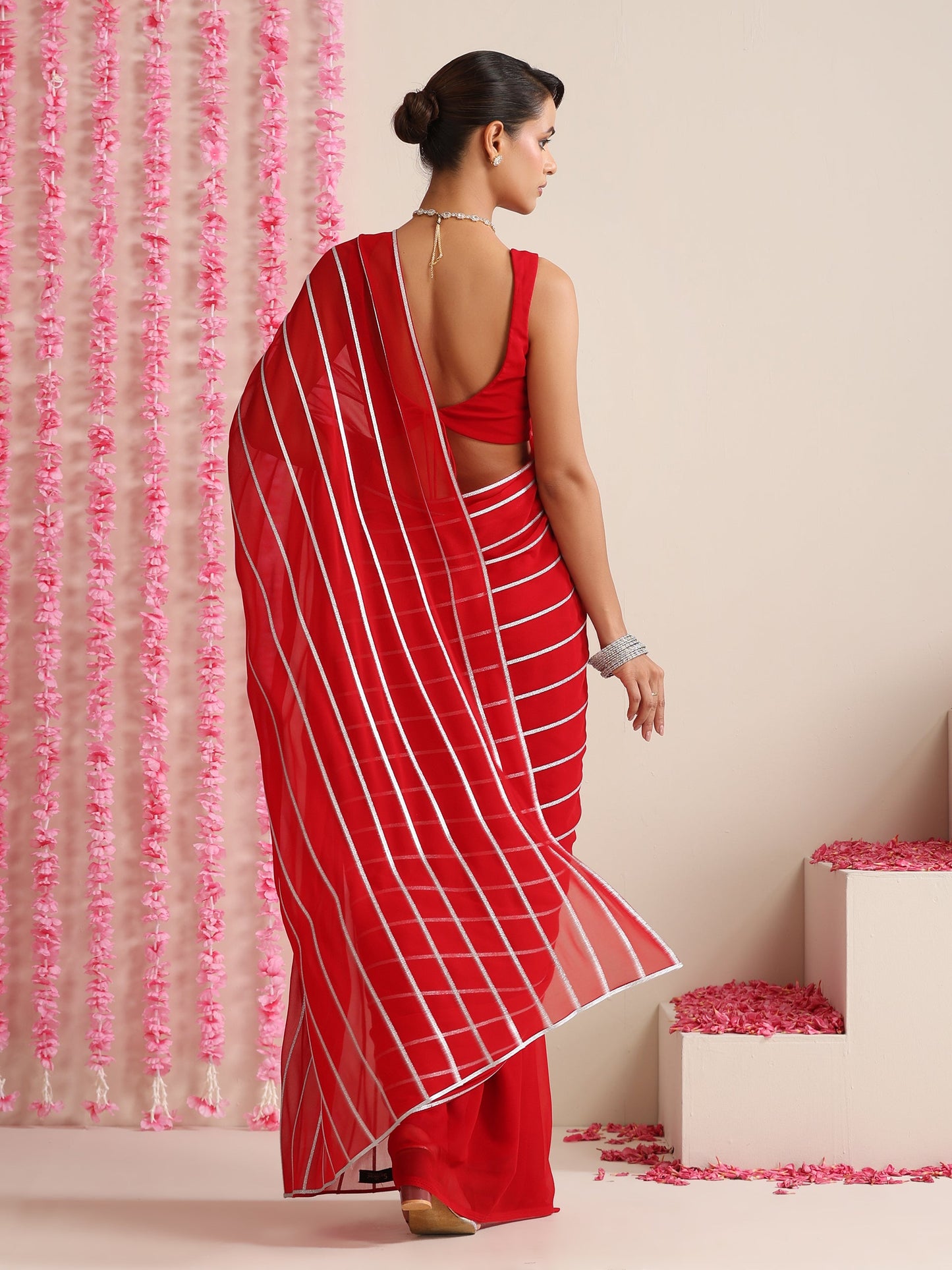Dhiyona ST Red & Silver Impression Georgette Saree with Blouse Fabric