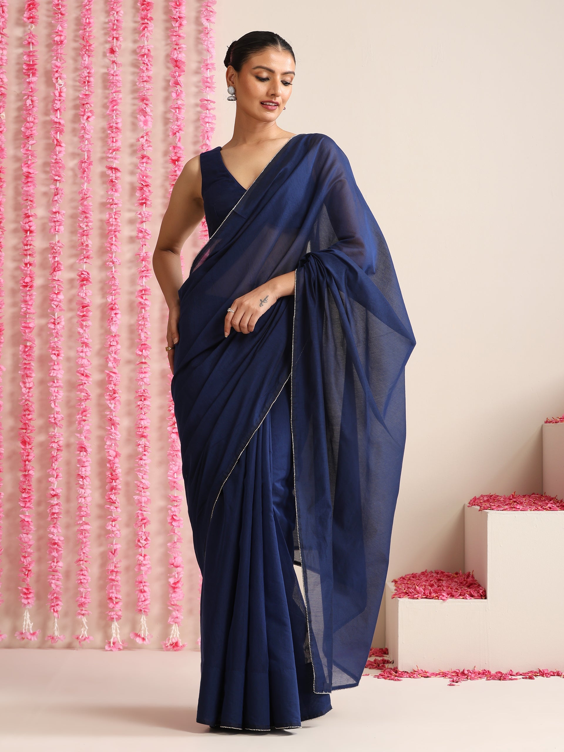 Dhiyona ST Deep Blue Cotton Chanderi Saree with Swarovski Style Border