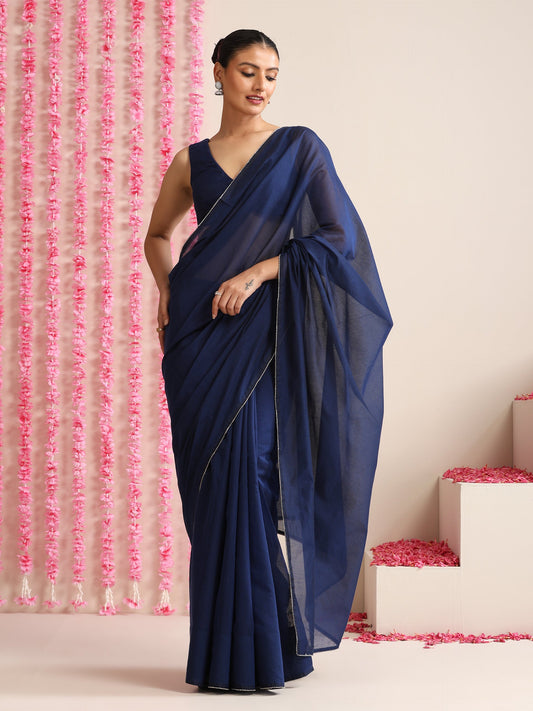 Dhiyona ST Deep Blue Cotton Chanderi Saree with Swarovski Style Border