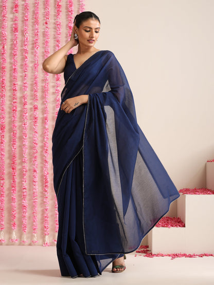Dhiyona ST Deep Blue Cotton Chanderi Saree with Swarovski Style Border