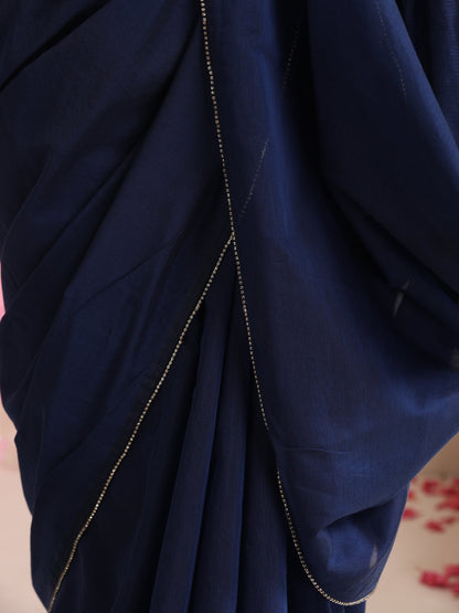 Dhiyona ST Deep Blue Cotton Chanderi Saree with Swarovski Style Border