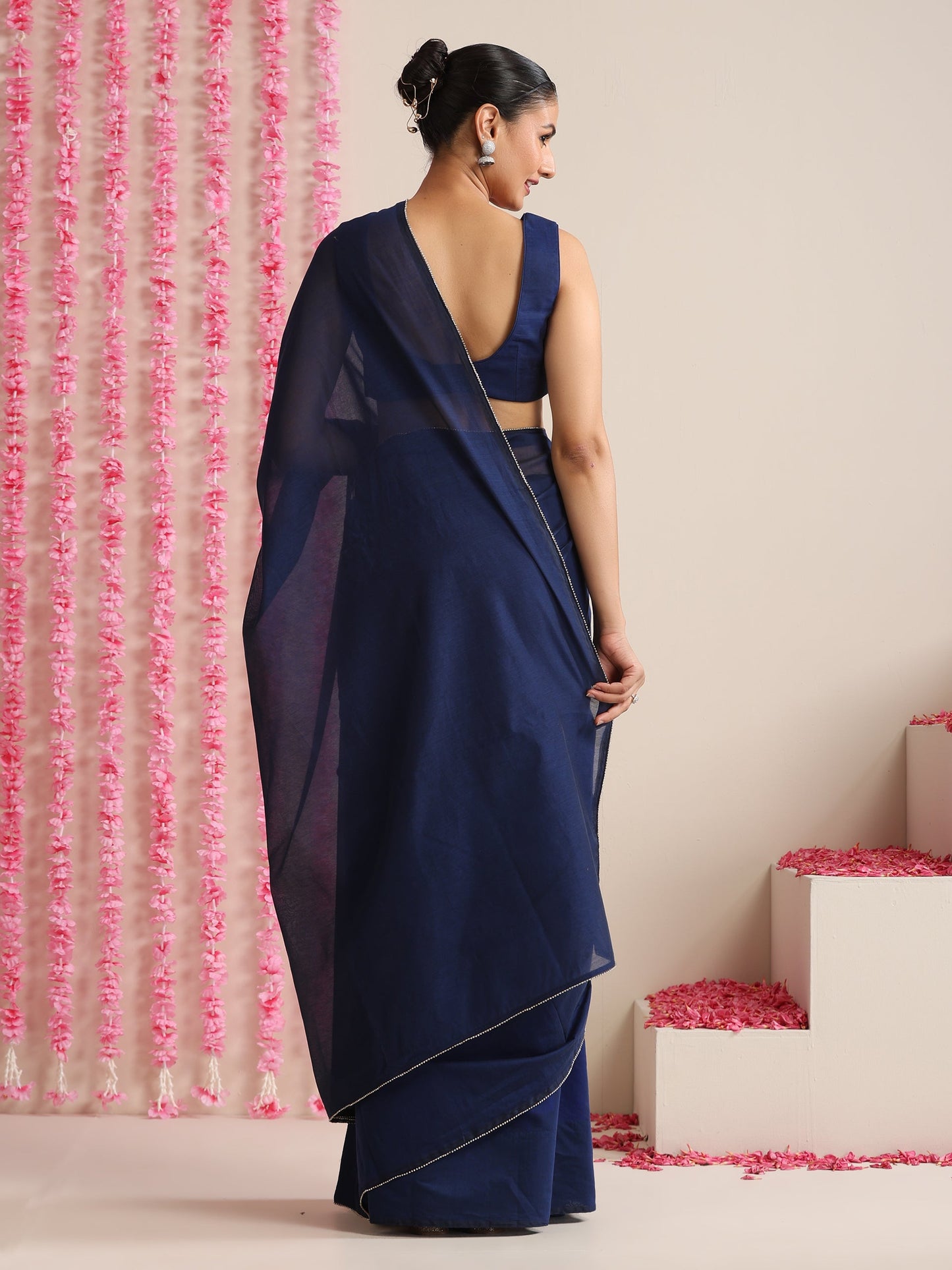 Dhiyona ST Deep Blue Cotton Chanderi Saree with Swarovski Style Border