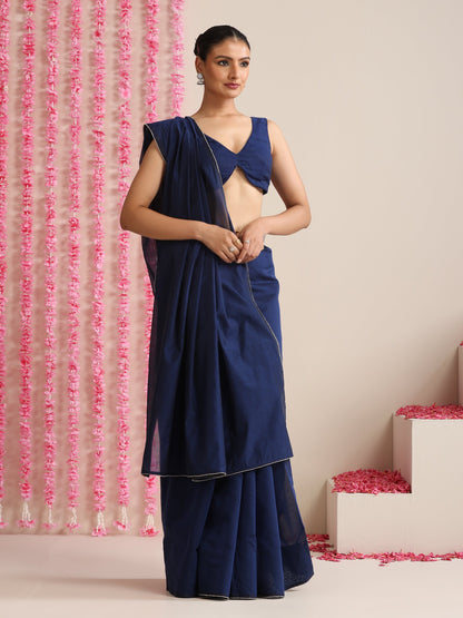 Dhiyona ST Deep Blue Cotton Chanderi Saree with Swarovski Style Border