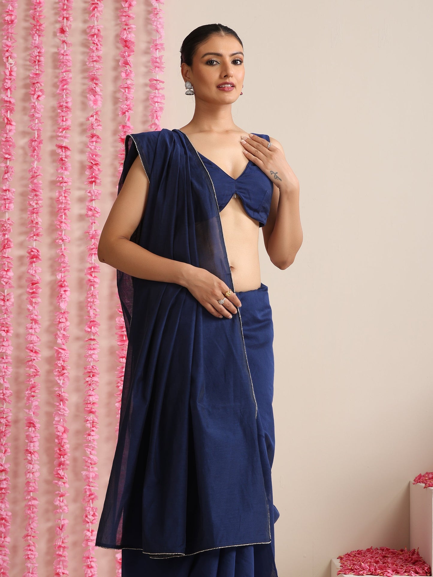 Dhiyona ST Deep Blue Cotton Chanderi Saree with Swarovski Style Border