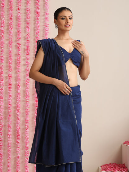 Dhiyona ST Deep Blue Cotton Chanderi Saree with Swarovski Style Border