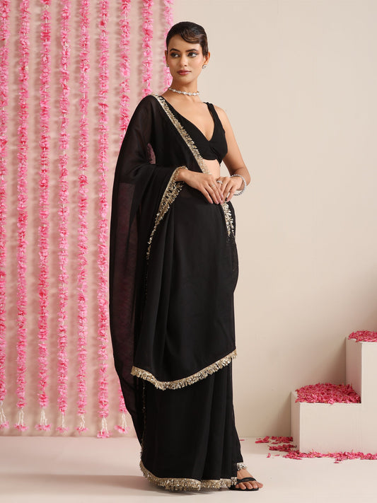 Dhiyona ST Black Cotton Chanderi Saree with Gold Border and Self Blouse Fabric