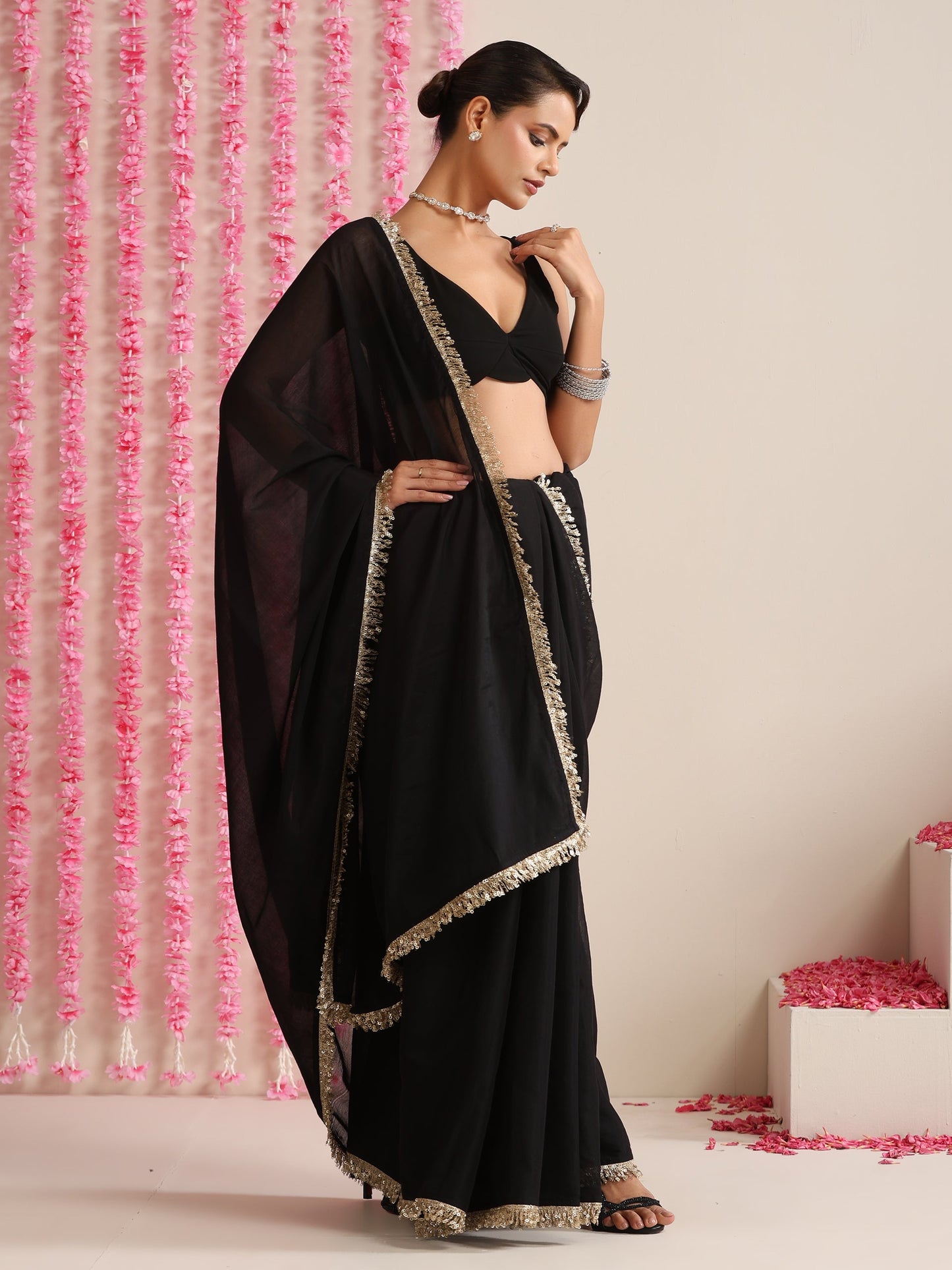 Dhiyona ST Black Cotton Chanderi Saree with Gold Border and Self Blouse Fabric