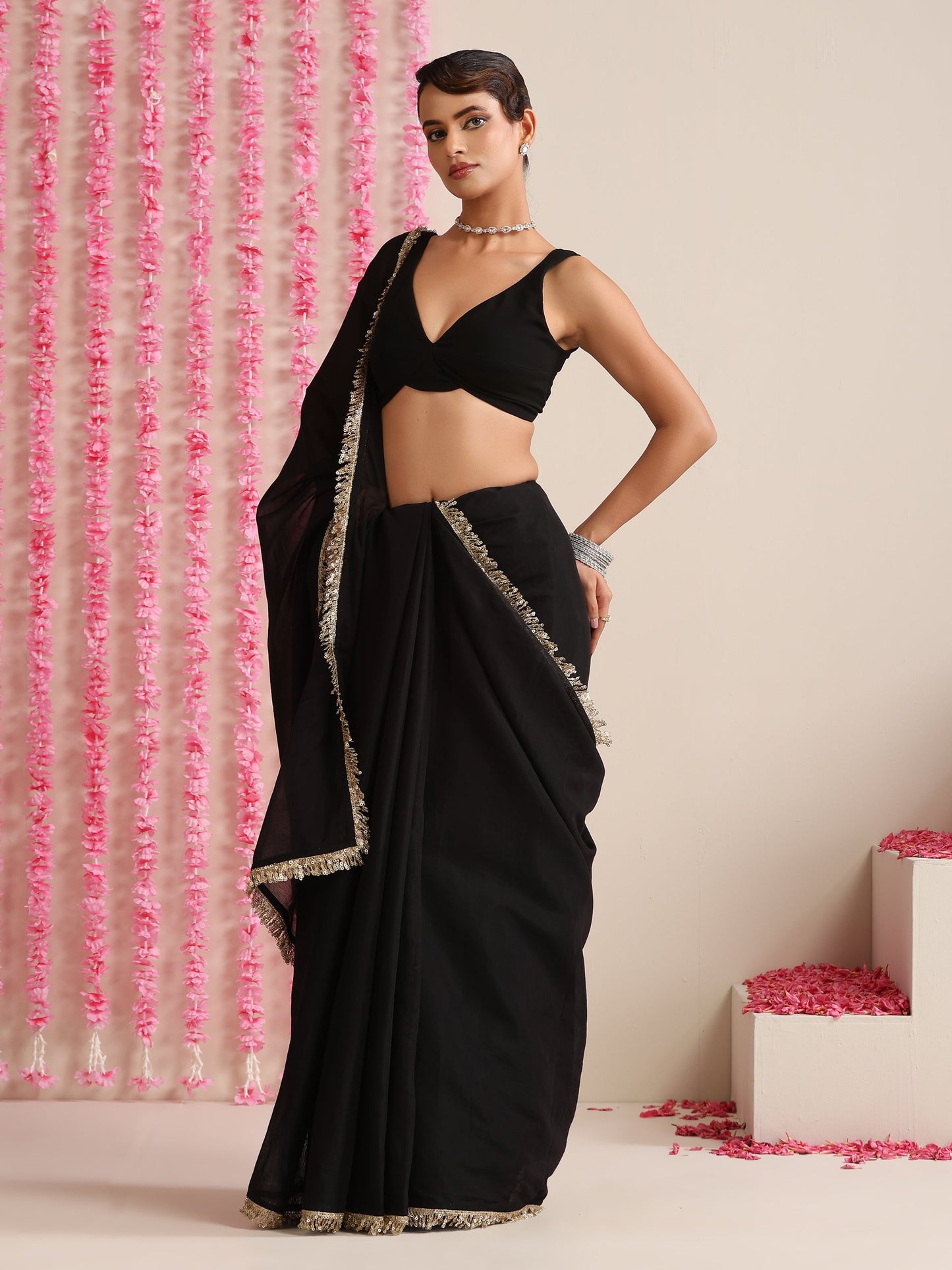 Dhiyona ST Black Cotton Chanderi Saree with Gold Border and Self Blouse Fabric