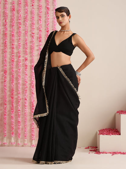 Dhiyona ST Black Cotton Chanderi Saree with Gold Border and Self Blouse Fabric