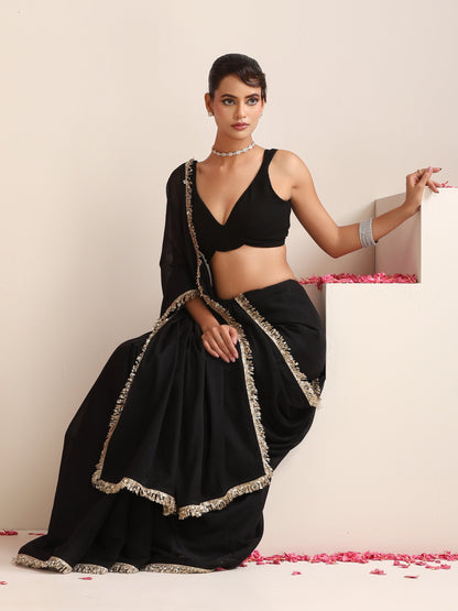 Dhiyona ST Black Cotton Chanderi Saree with Gold Border and Self Blouse Fabric