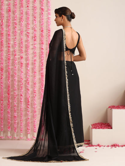 Dhiyona ST Black Cotton Chanderi Saree with Gold Border and Self Blouse Fabric