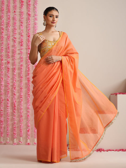 Dhiyona ST Pink-Orange Dual Shade Cotton Chanderi Saree with Gold Pallu