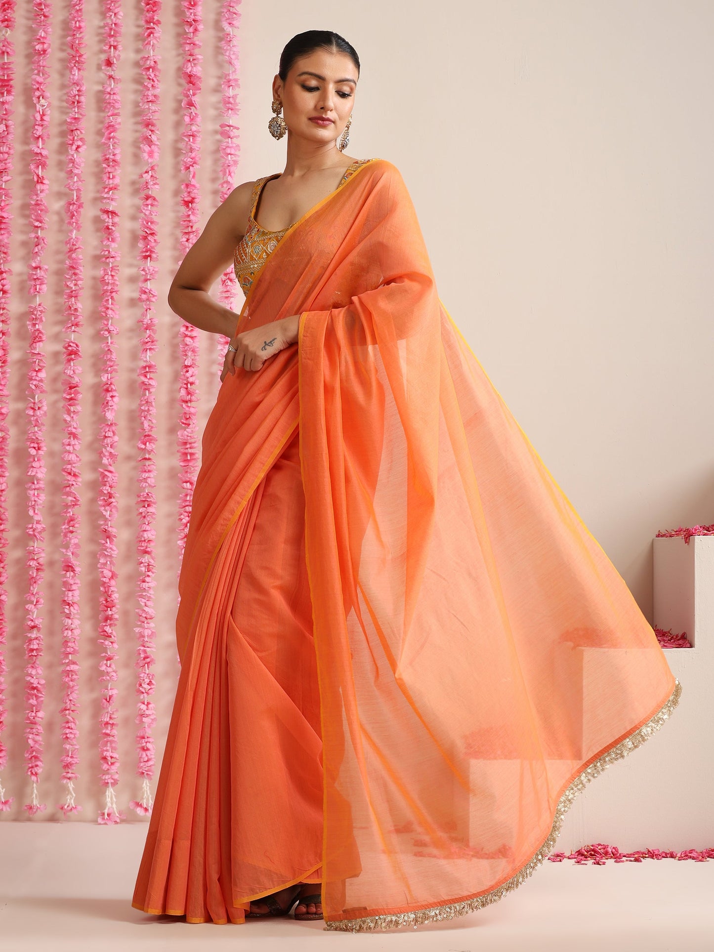 Dhiyona ST Pink-Orange Dual Shade Cotton Chanderi Saree with Gold Pallu