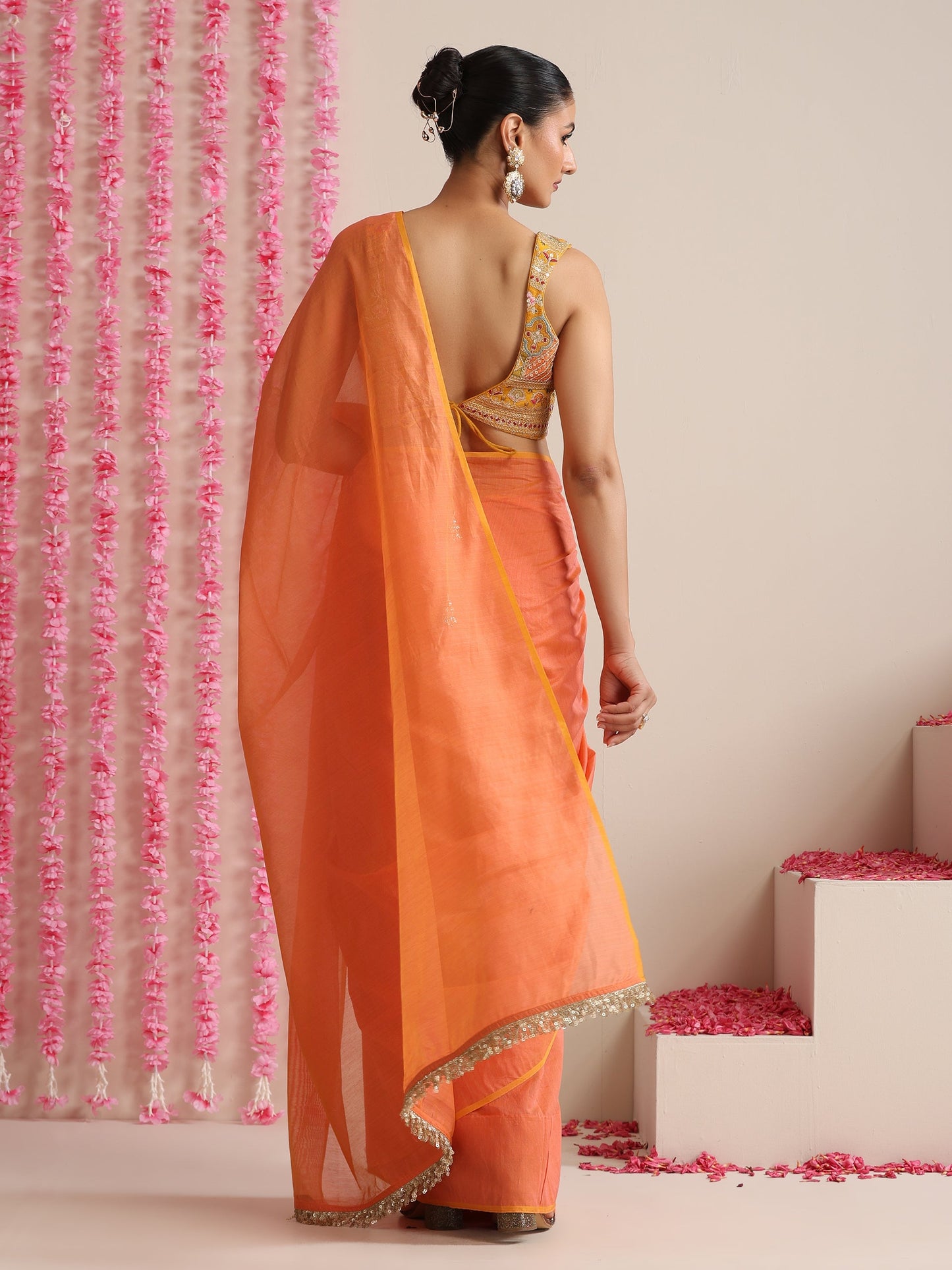 Dhiyona ST Pink-Orange Dual Shade Cotton Chanderi Saree with Gold Pallu