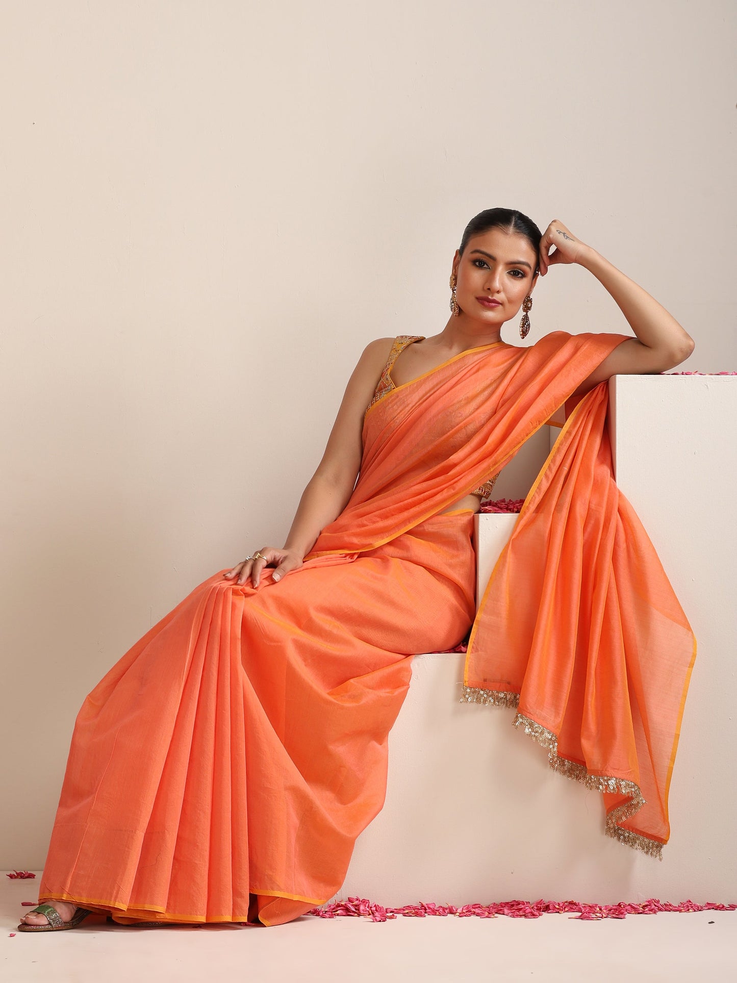 Dhiyona ST Pink-Orange Dual Shade Cotton Chanderi Saree with Gold Pallu