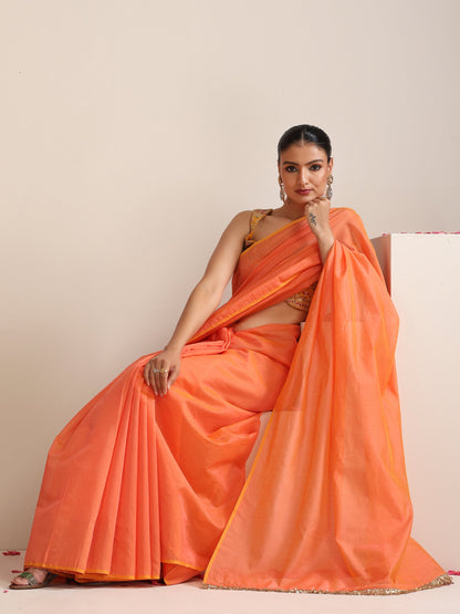 Dhiyona ST Pink-Orange Dual Shade Cotton Chanderi Saree with Gold Pallu