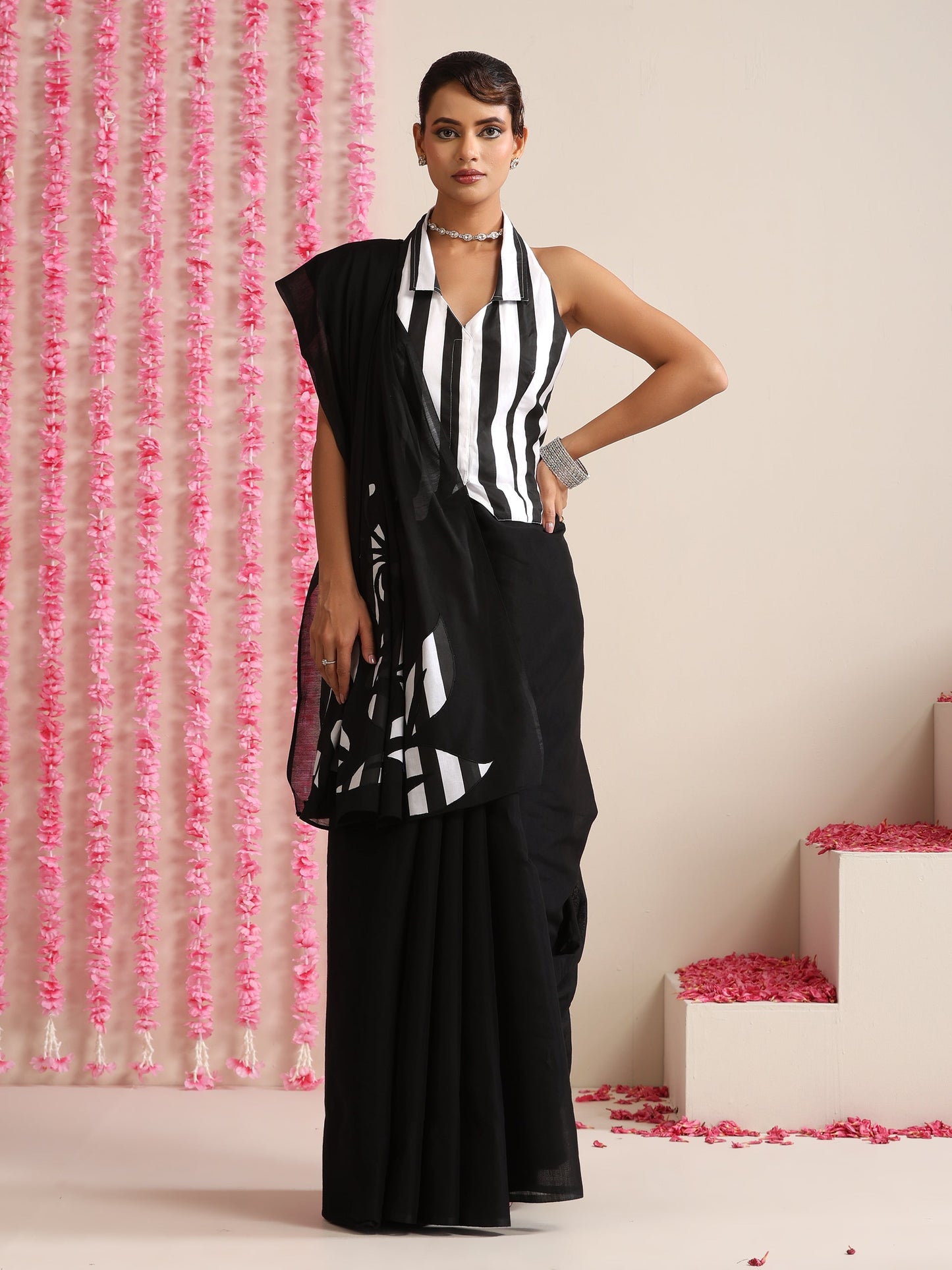 Dhiyona ST Black Cotton Chanderi Saree with Embroidery and Stripe Blouse Fabric