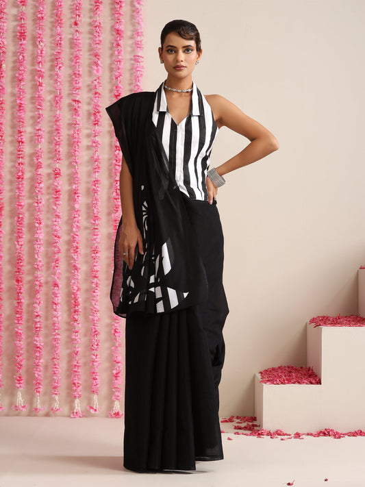 Dhiyona ST Black Cotton Chanderi Saree with Embroidery and Stripe Blouse Fabric