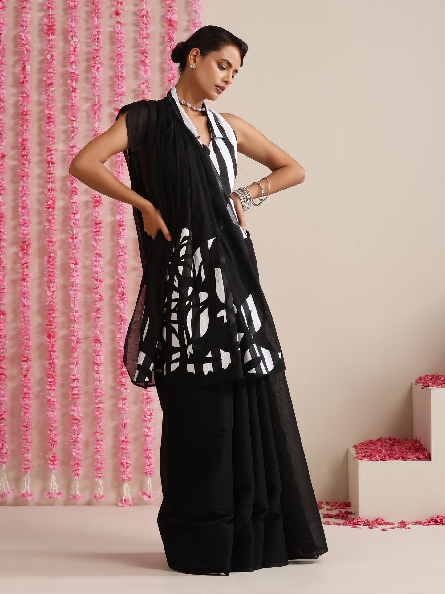 Dhiyona ST Black Cotton Chanderi Saree with Embroidery and Stripe Blouse Fabric