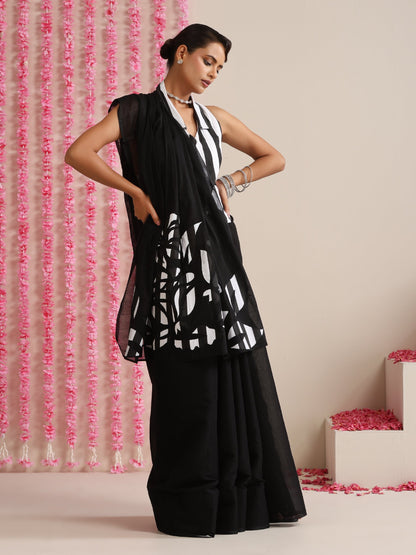 Dhiyona ST Black Cotton Chanderi Saree with Embroidery and Stripe Blouse Fabric