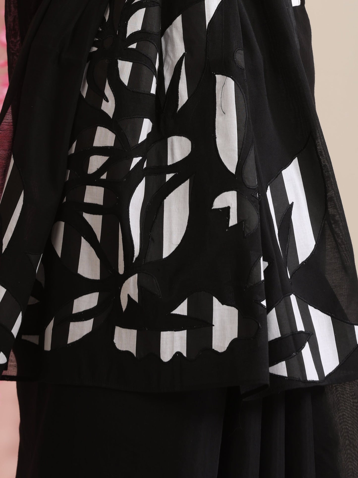 Dhiyona ST Black Cotton Chanderi Saree with Embroidery and Stripe Blouse Fabric