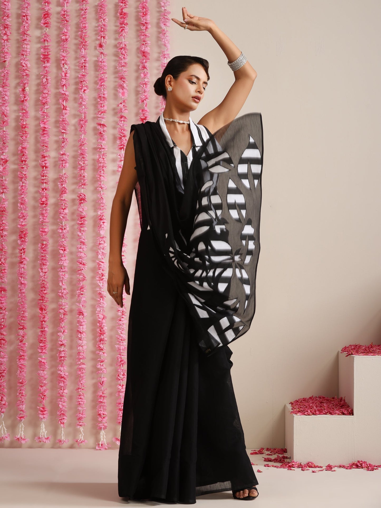 Dhiyona ST Black Cotton Chanderi Saree with Embroidery and Stripe Blouse Fabric