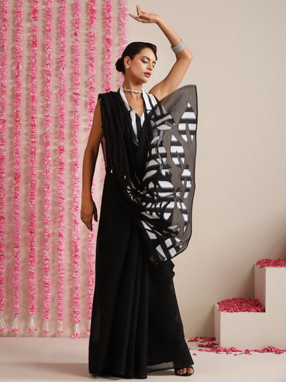 Dhiyona ST Black Cotton Chanderi Saree with Embroidery and Stripe Blouse Fabric