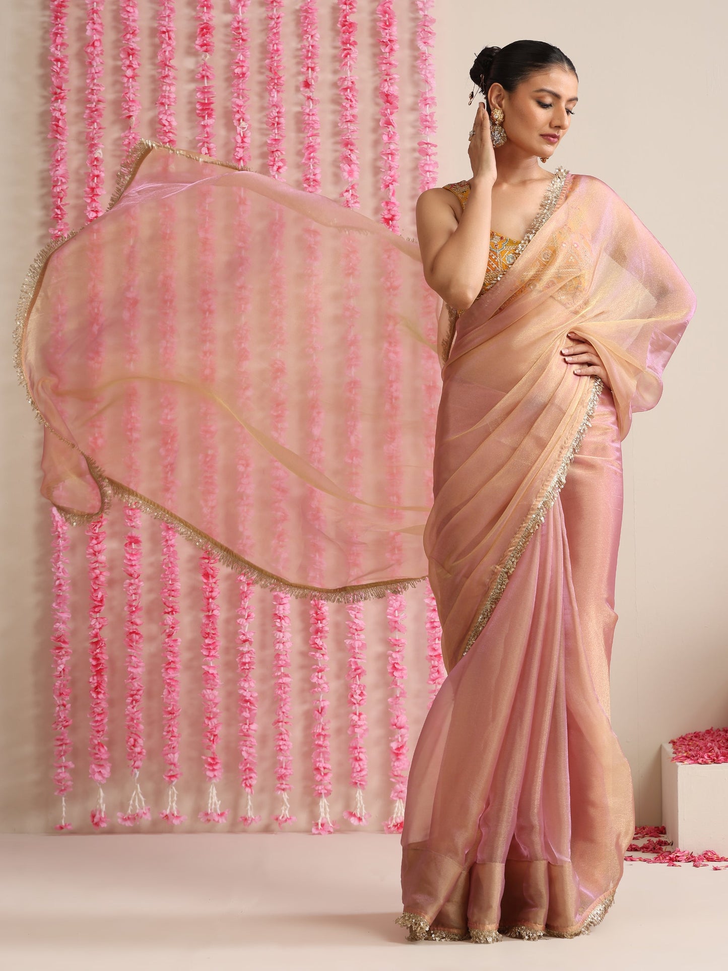 Dhiyona ST Pink Lilac Metallic Chiffon Saree with Sequin Lace