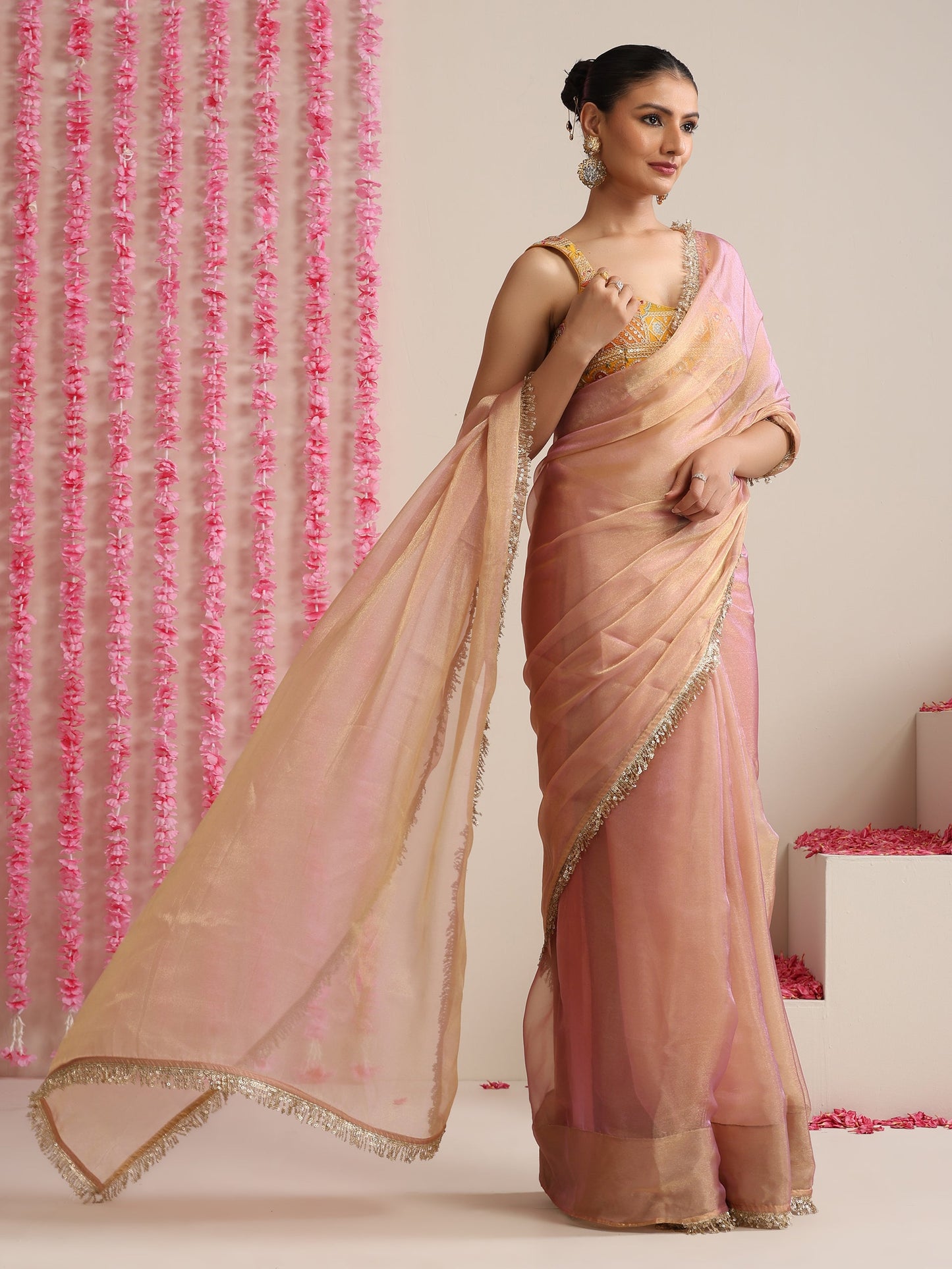Dhiyona ST Pink Lilac Metallic Chiffon Saree with Sequin Lace