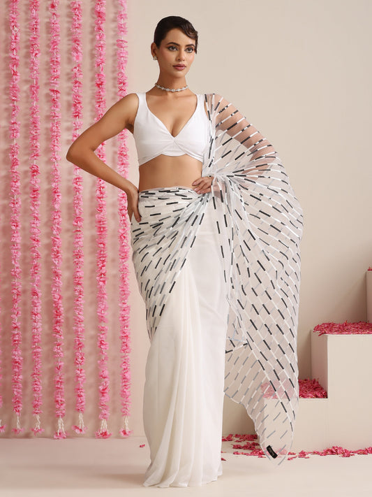Dhiyona ST White and Dual Black White Impression Georgette Saree with Blouse Fabric