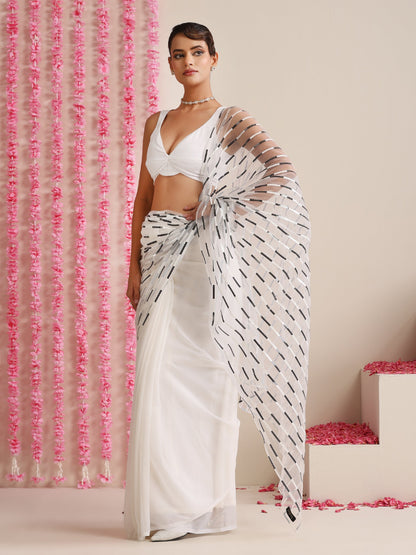 Dhiyona ST White and Dual Black White Impression Georgette Saree with Blouse Fabric