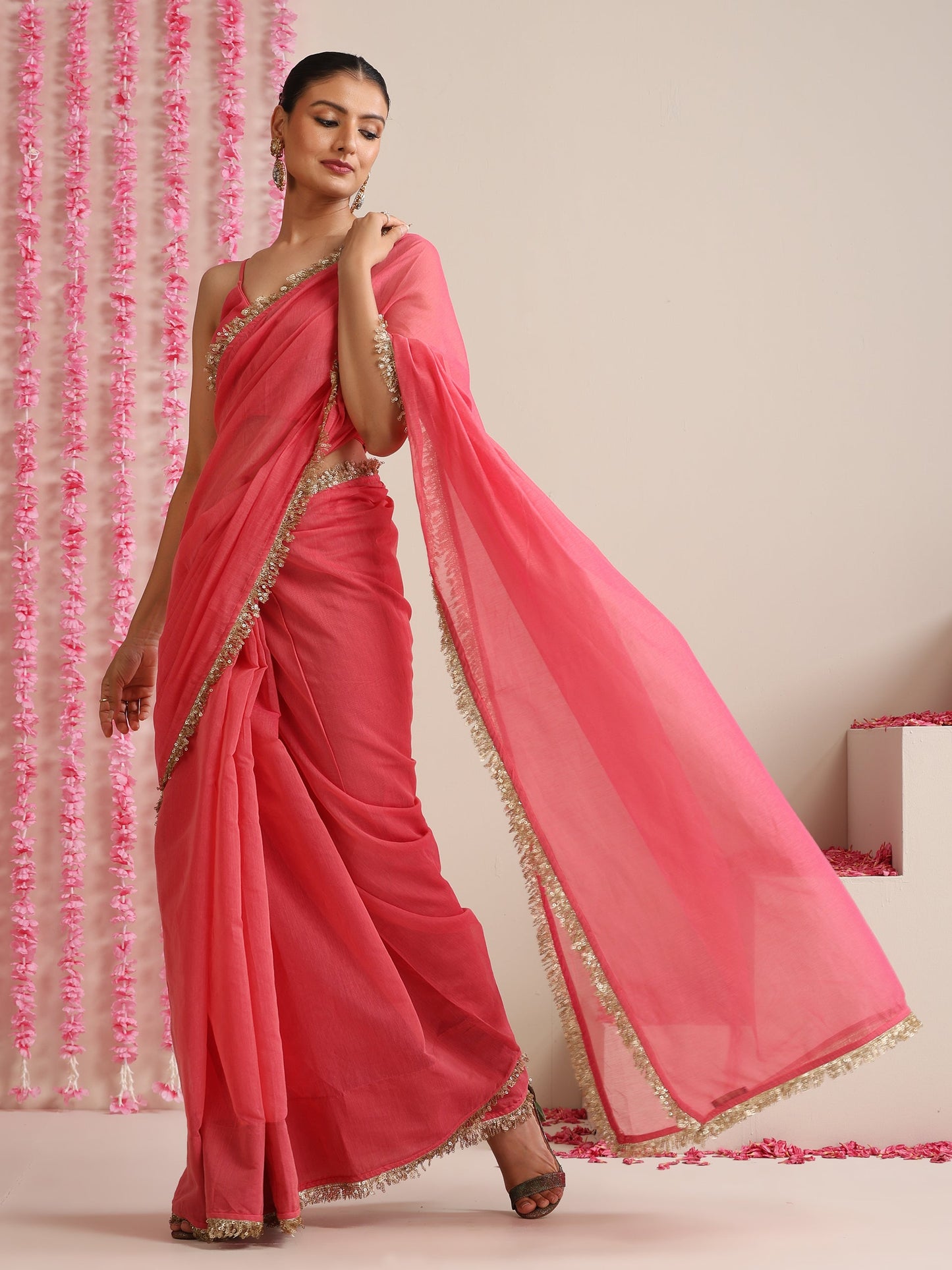 Dhiyona ST Pink Cotton Chanderi Saree with Gold Border