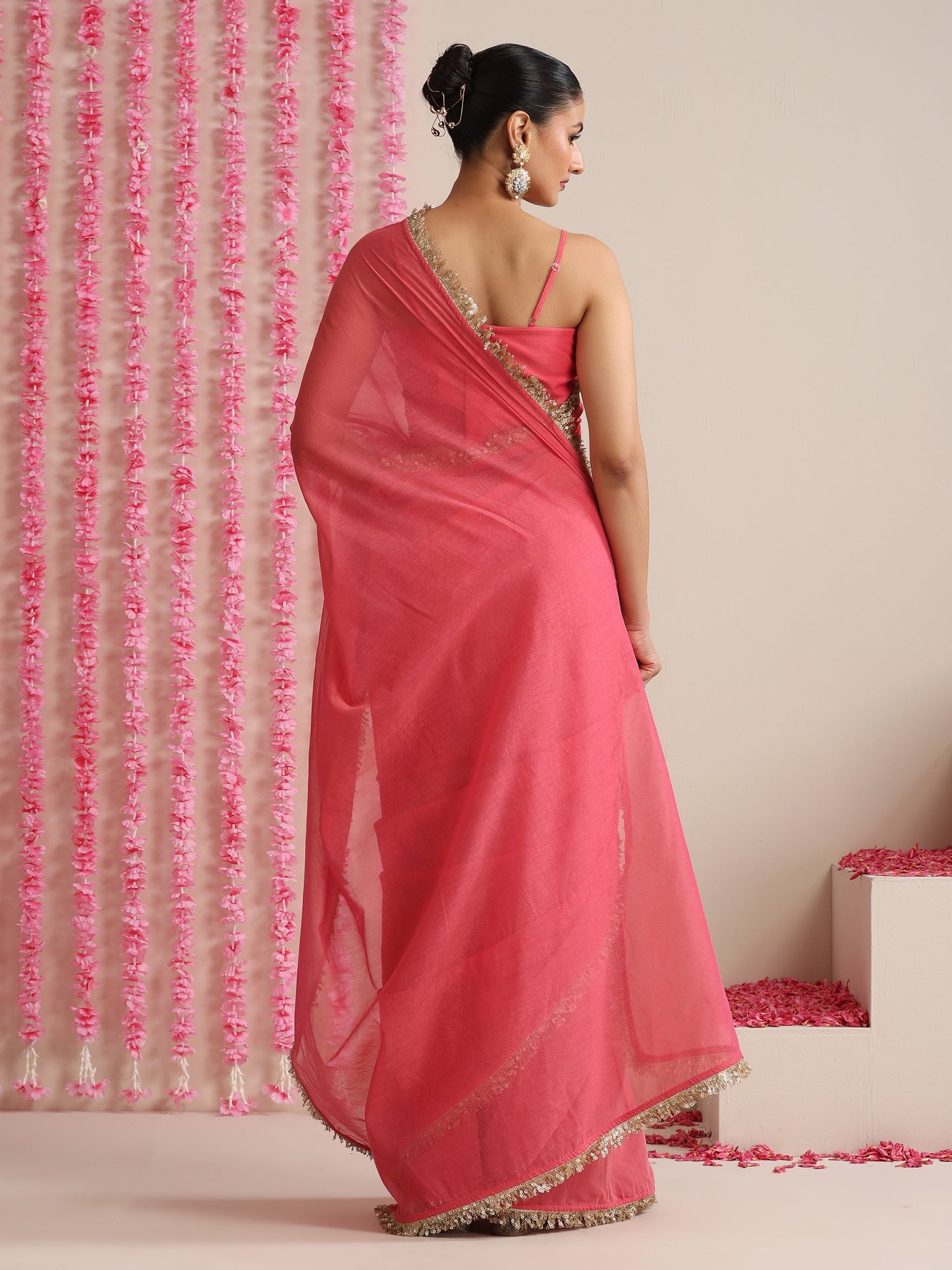 Dhiyona ST Pink Cotton Chanderi Saree with Gold Border
