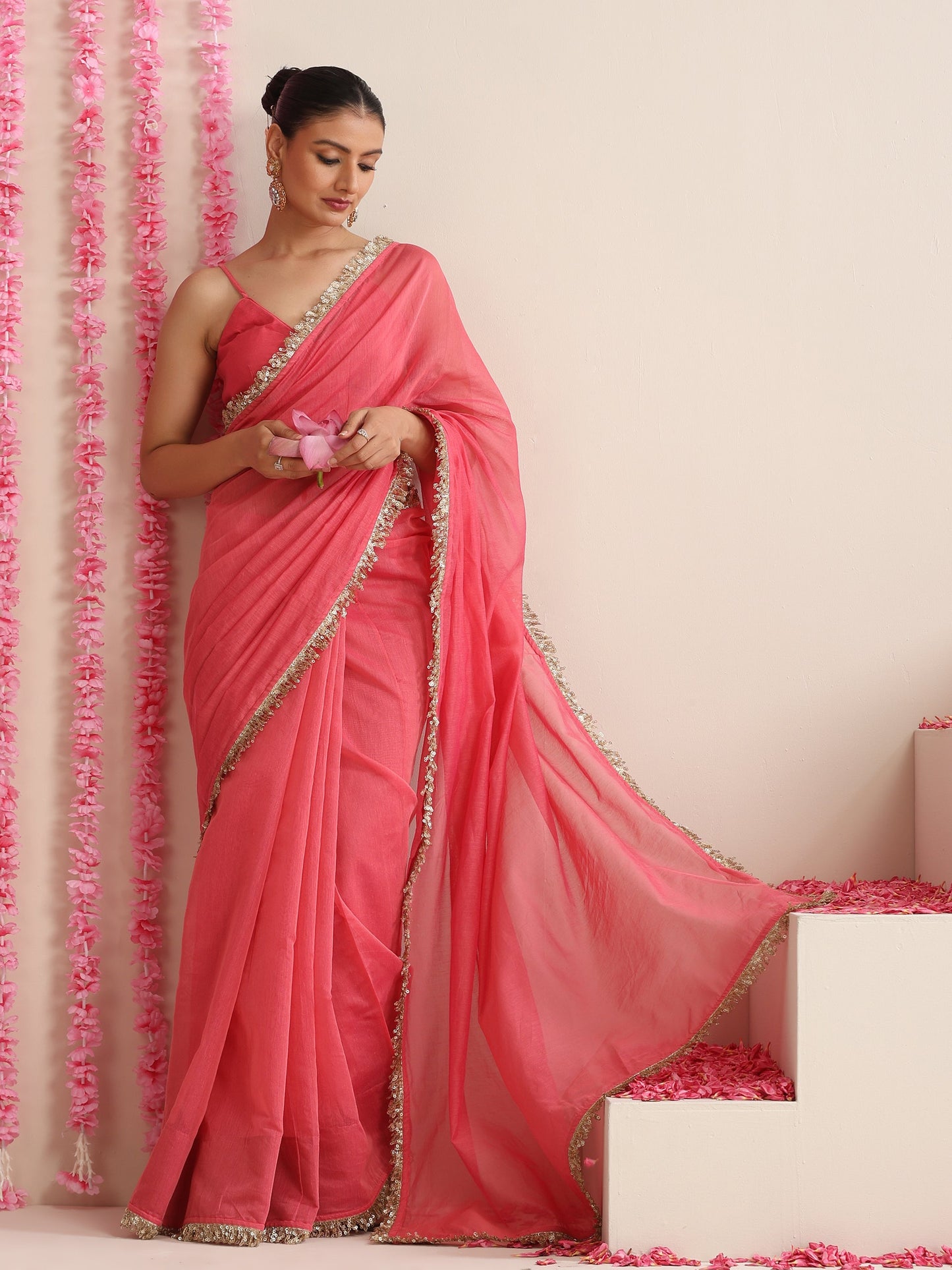 Dhiyona ST Pink Cotton Chanderi Saree with Gold Border