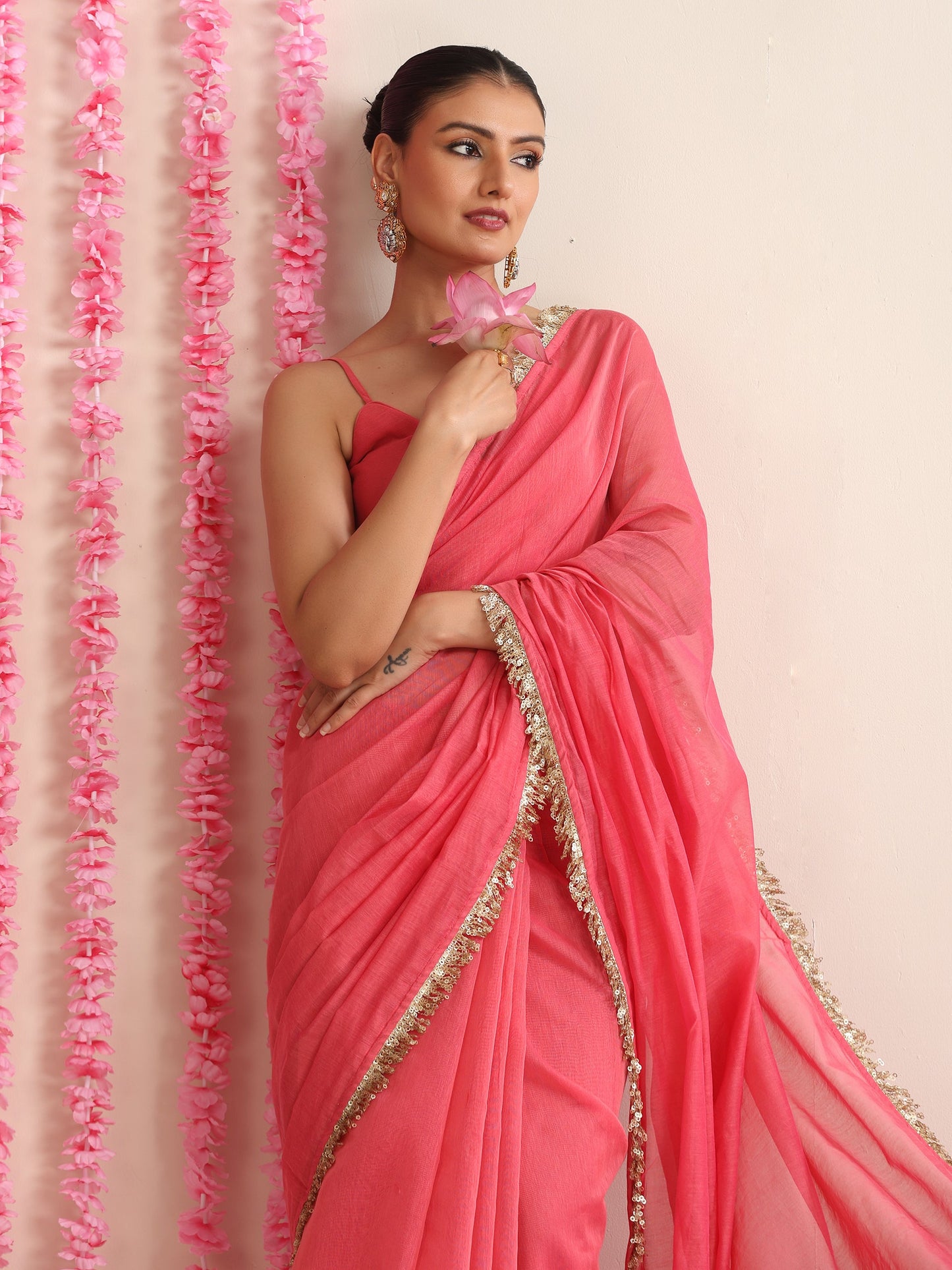 Dhiyona ST Pink Cotton Chanderi Saree with Gold Border