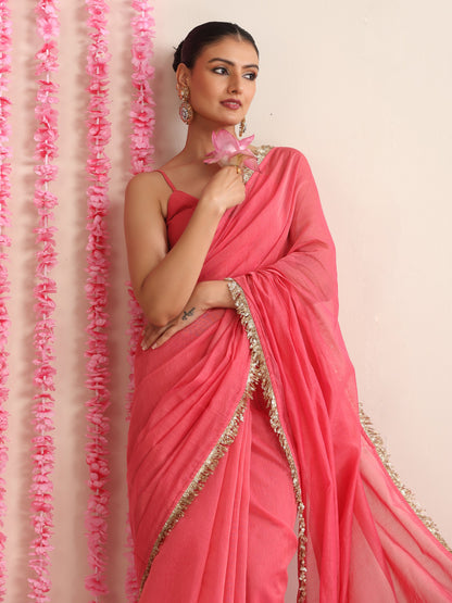 Dhiyona ST Pink Cotton Chanderi Saree with Gold Border