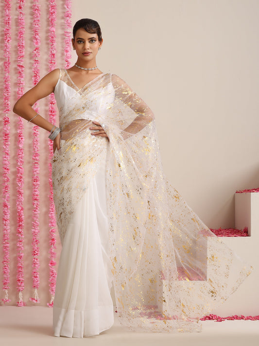 Dhiyona ST ??? White Georgette Saree with Gold Print and Blouse Fabric