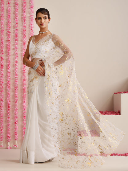 Dhiyona ST ??? White Georgette Saree with Gold Print and Blouse Fabric